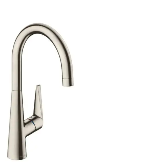 Hansgrohe Spültischmischer mit hohem, geschwungenem Auslauf und manuellem Griff zur Temperatur- und Mengenregulierung in Edelstahl-Optik.